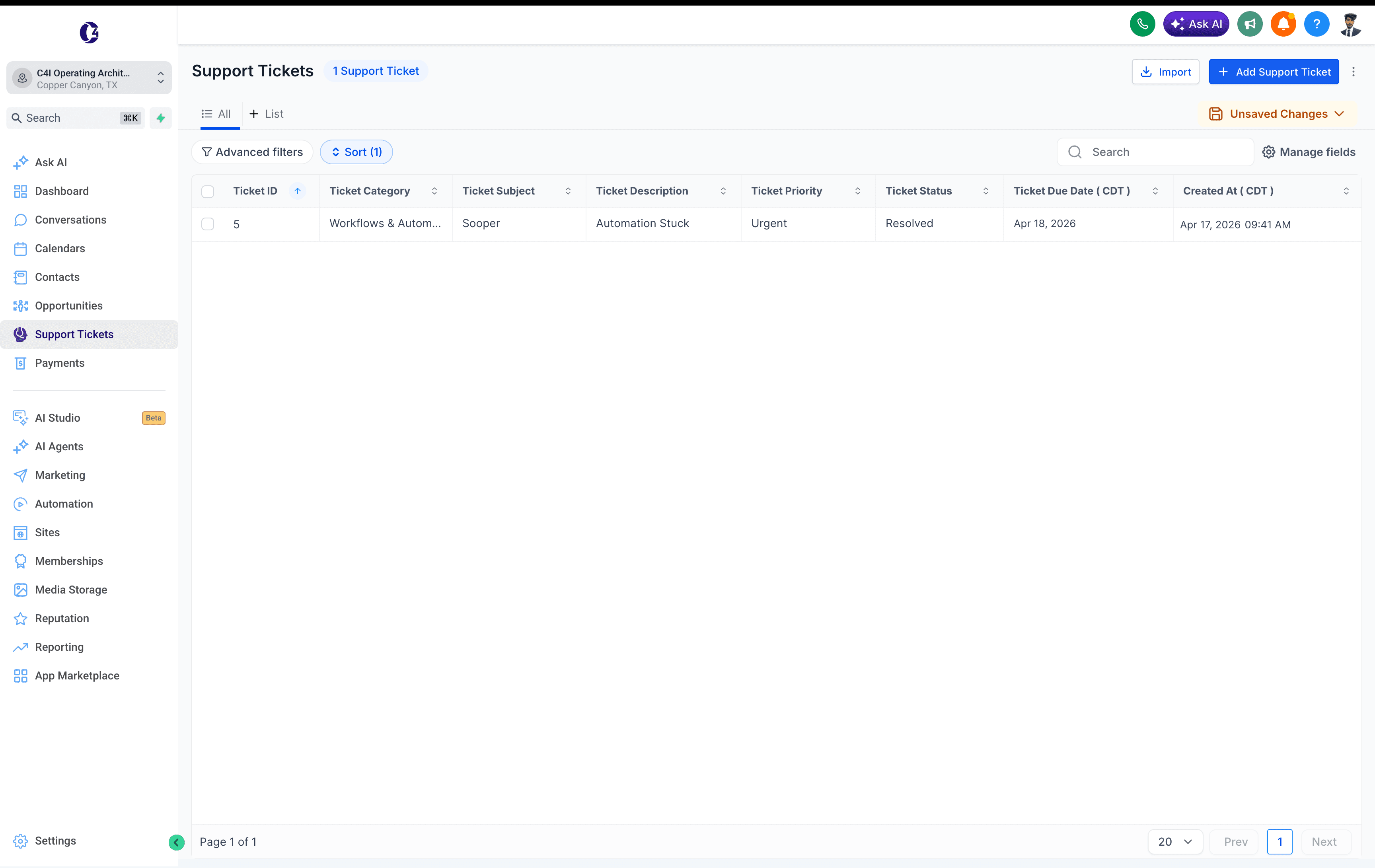 C4I support ticketing system inside GoHighLevel