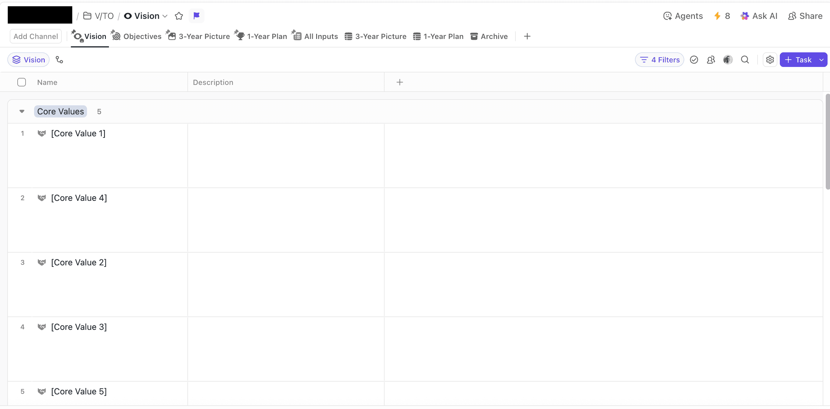 ClickUp vision area showing core values