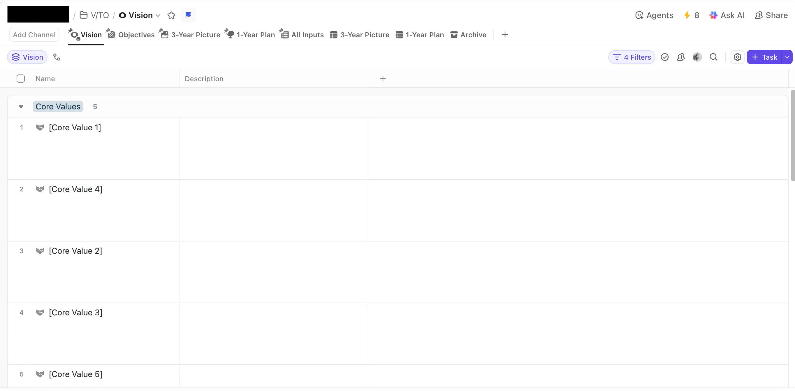 ClickUp vision area showing core values
