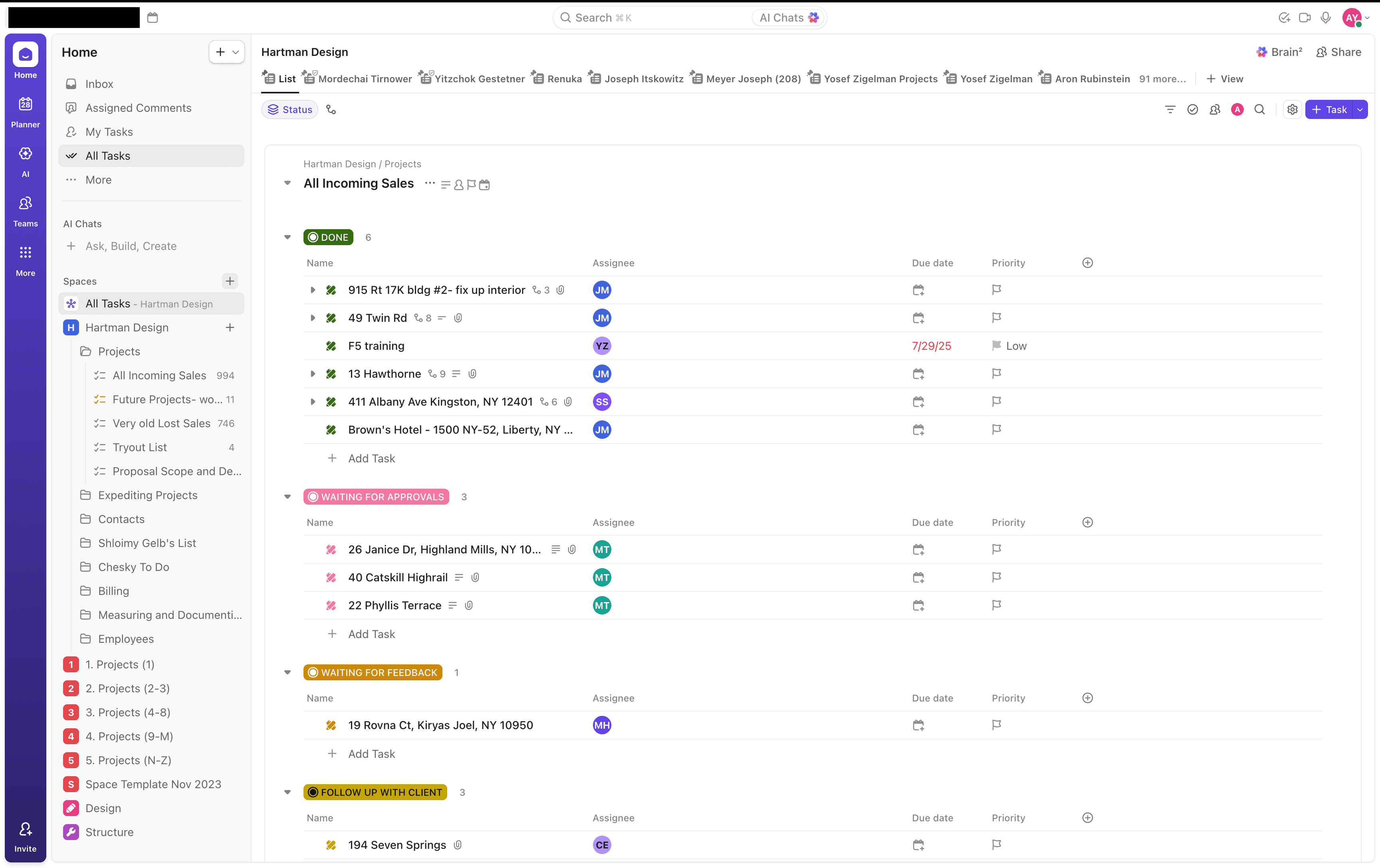 ClickUp project coordination board with active project statuses