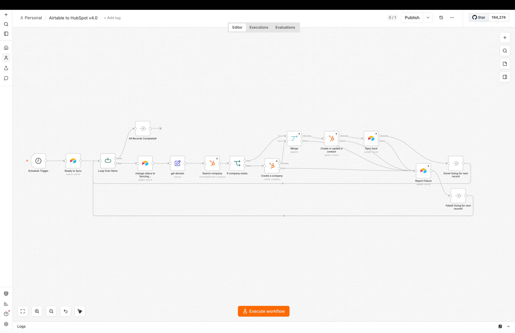 Airtable to HubSpot Two-Way Sync n8n automation workflow