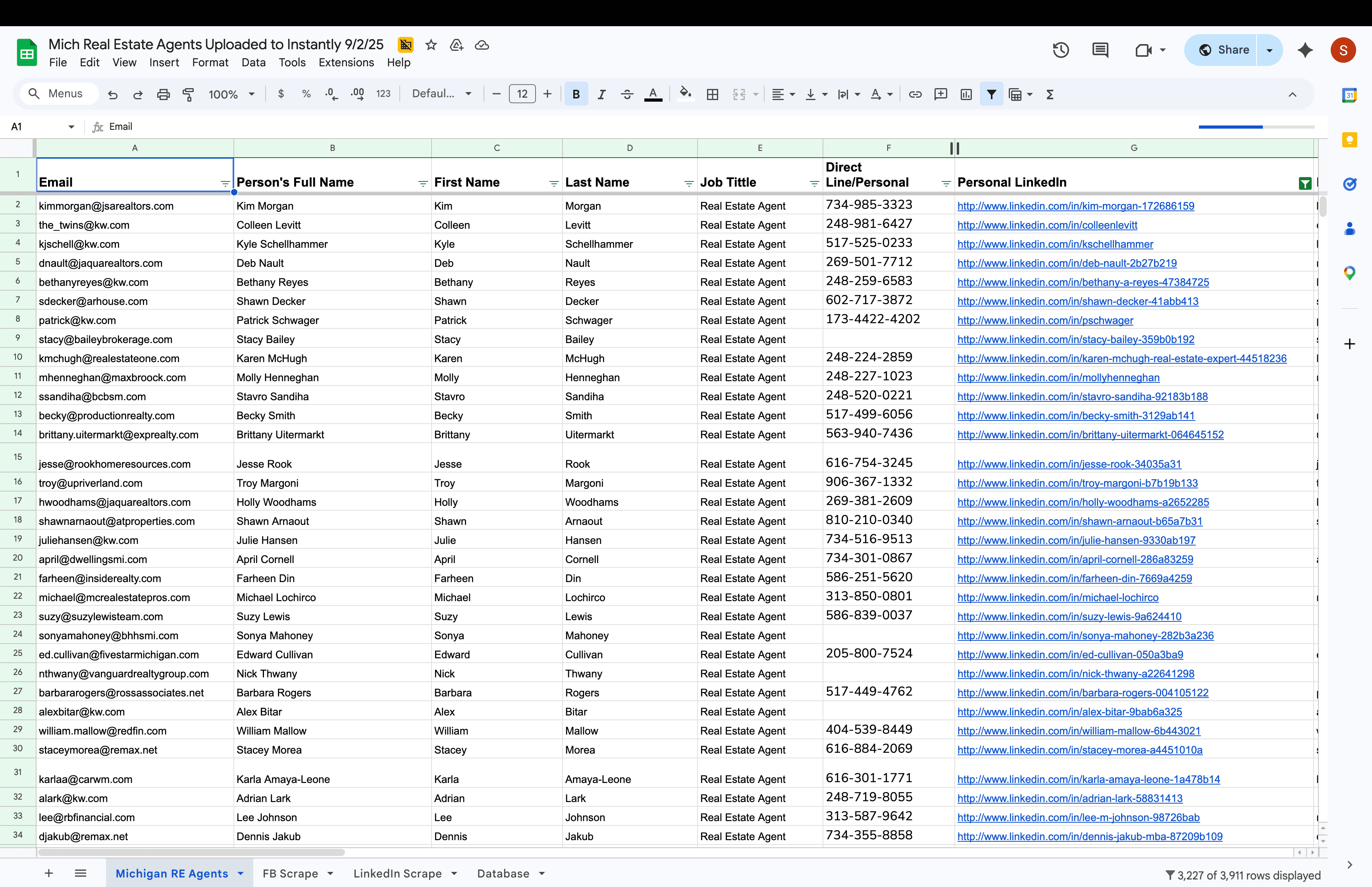Google Sheets lead database used as the source list for enrichment