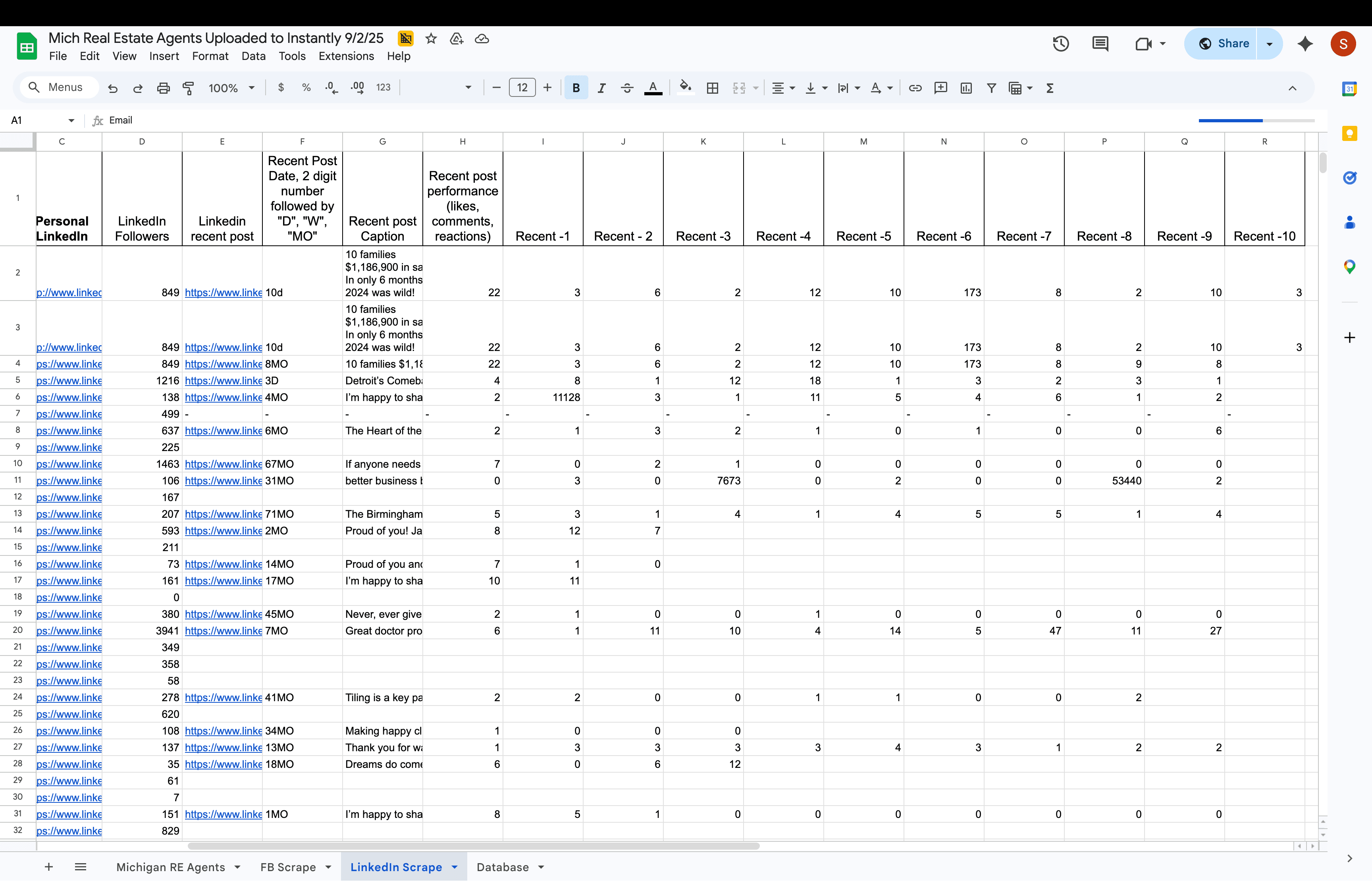 LinkedIn enrichment output showing recent post dates captions and engagement metrics