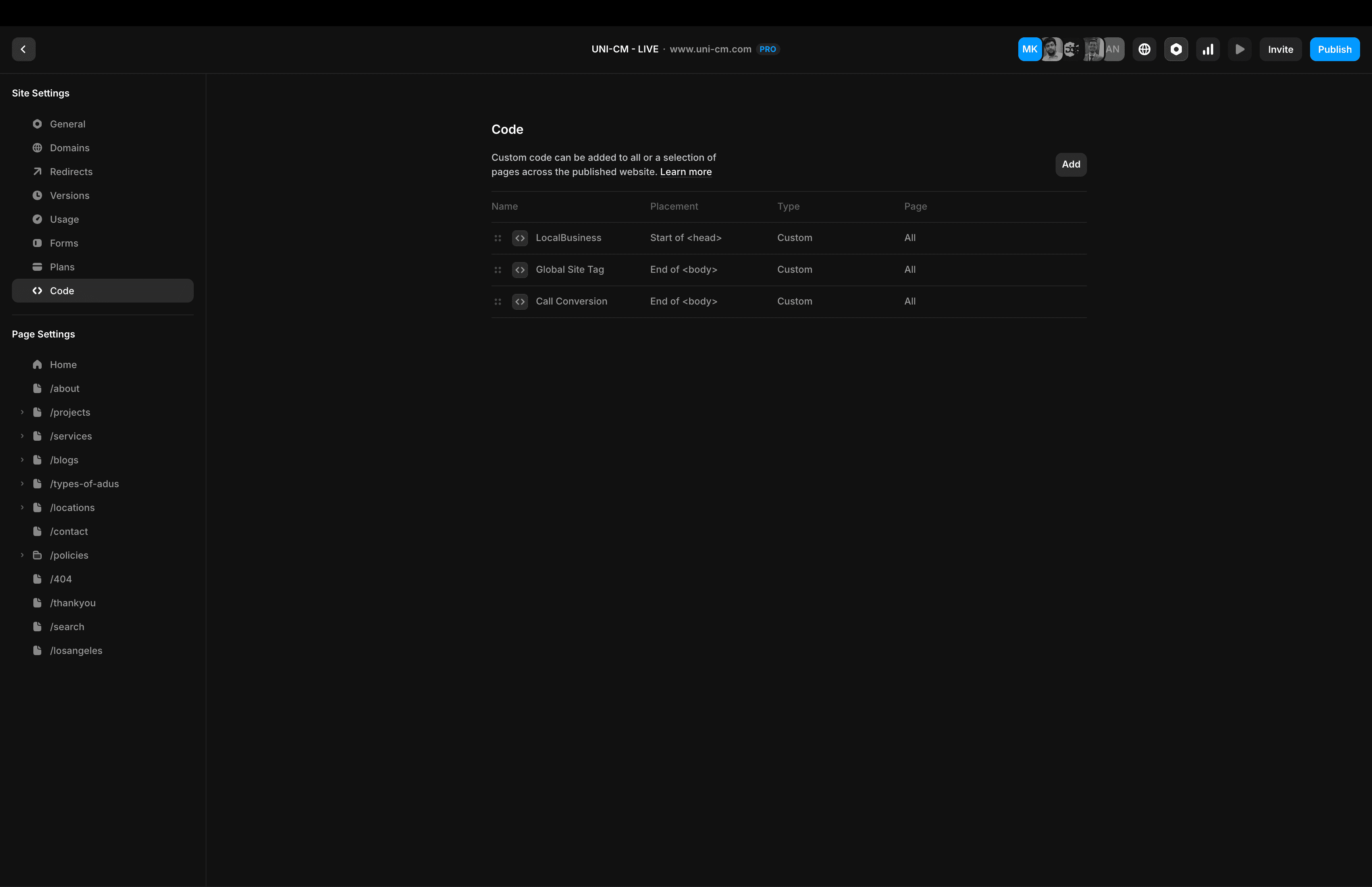 Framer code settings showing LocalBusiness schema and tracking scripts