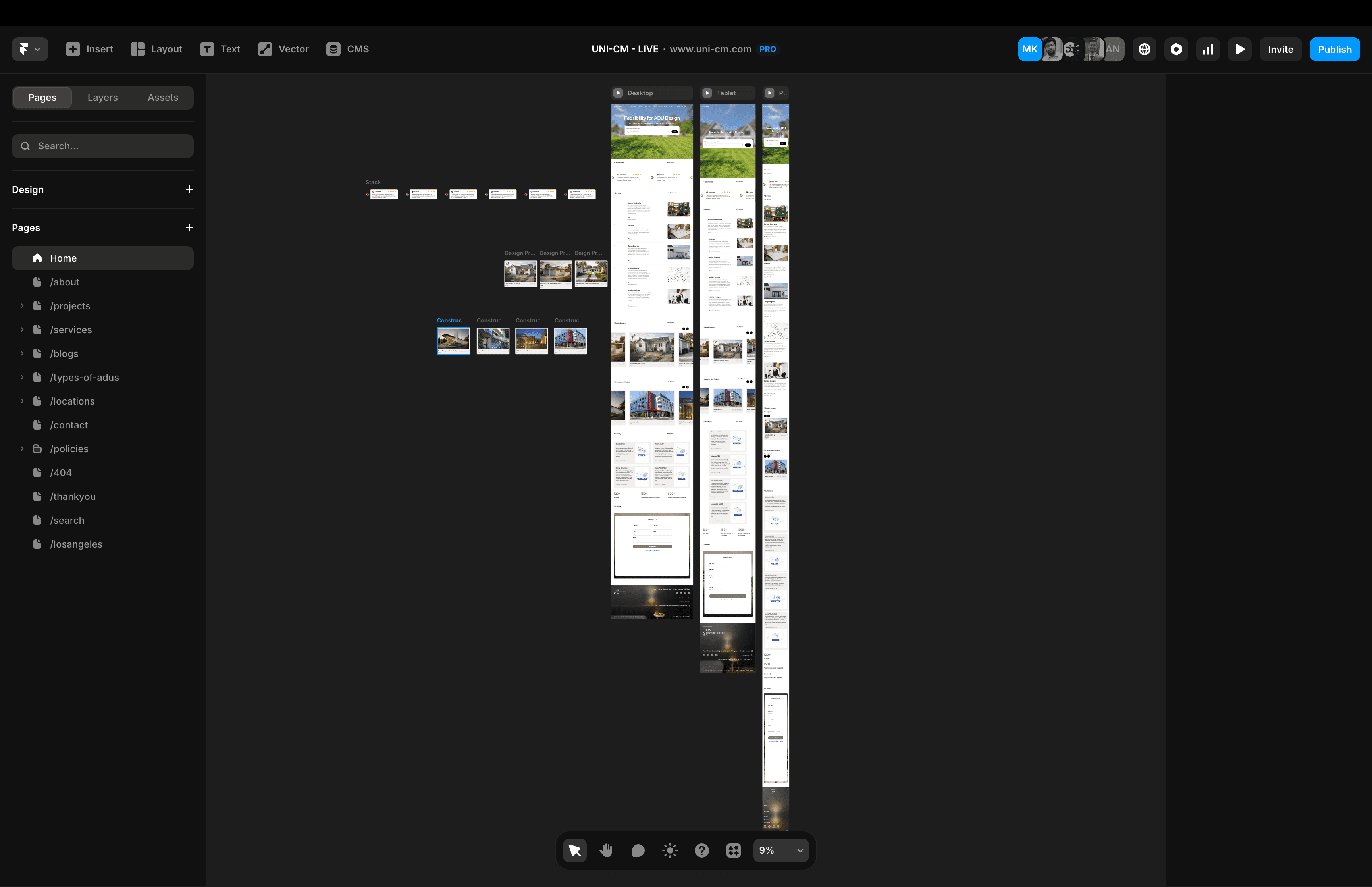 Framer editor showing the multi-page website structure