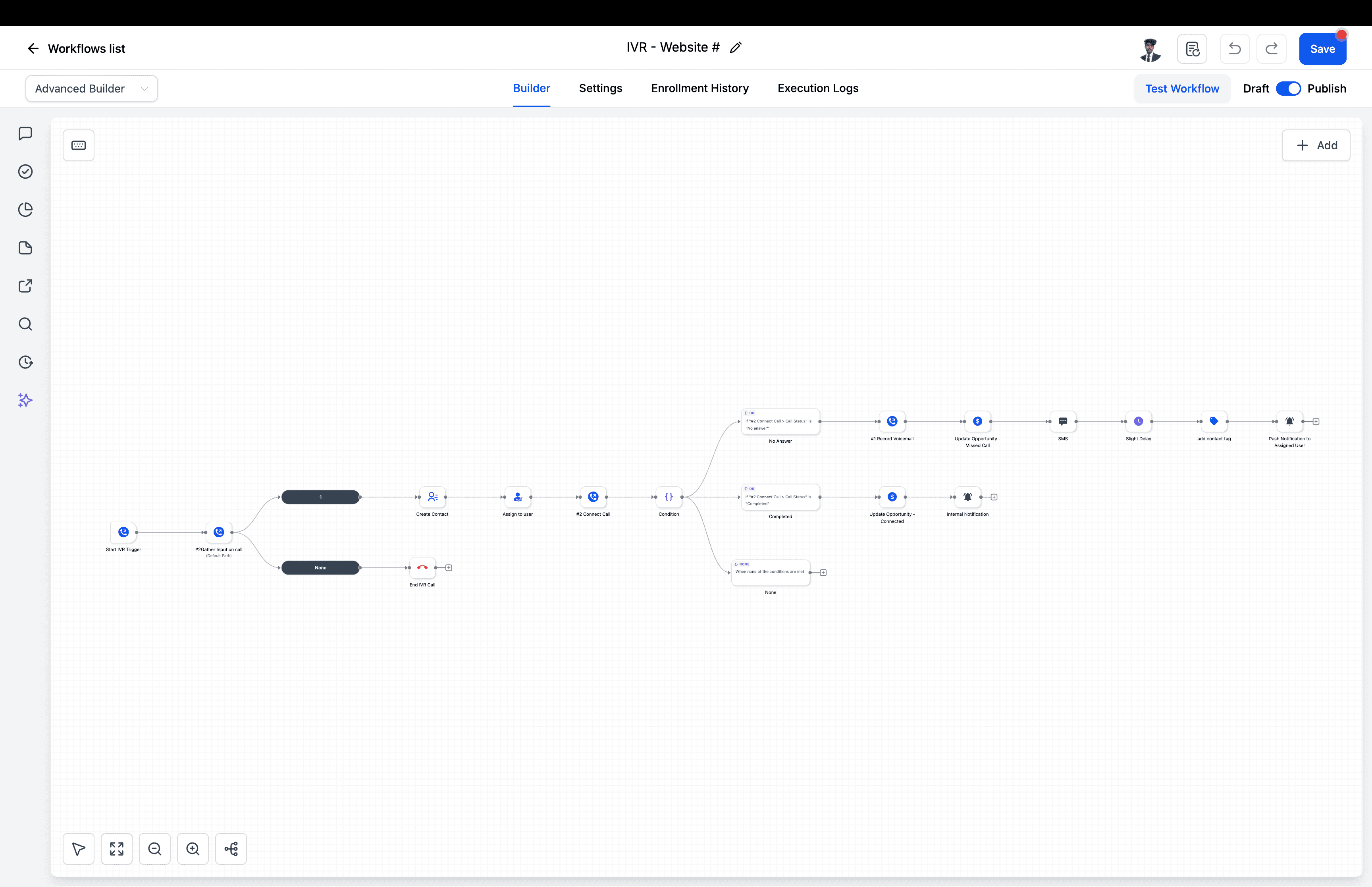 GoHighLevel IVR workflow for website lead handling