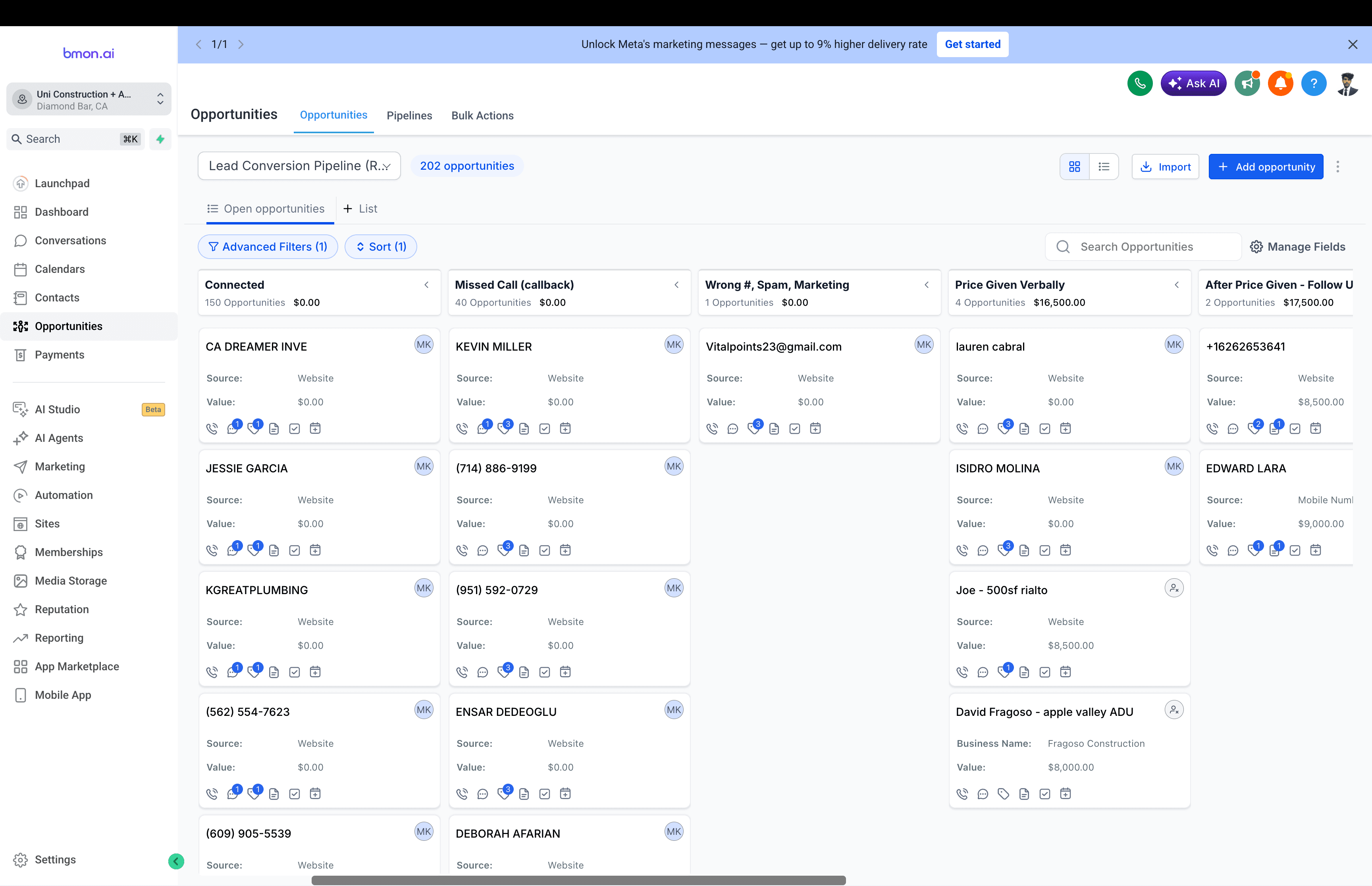 GoHighLevel opportunity pipeline showing website sourced leads