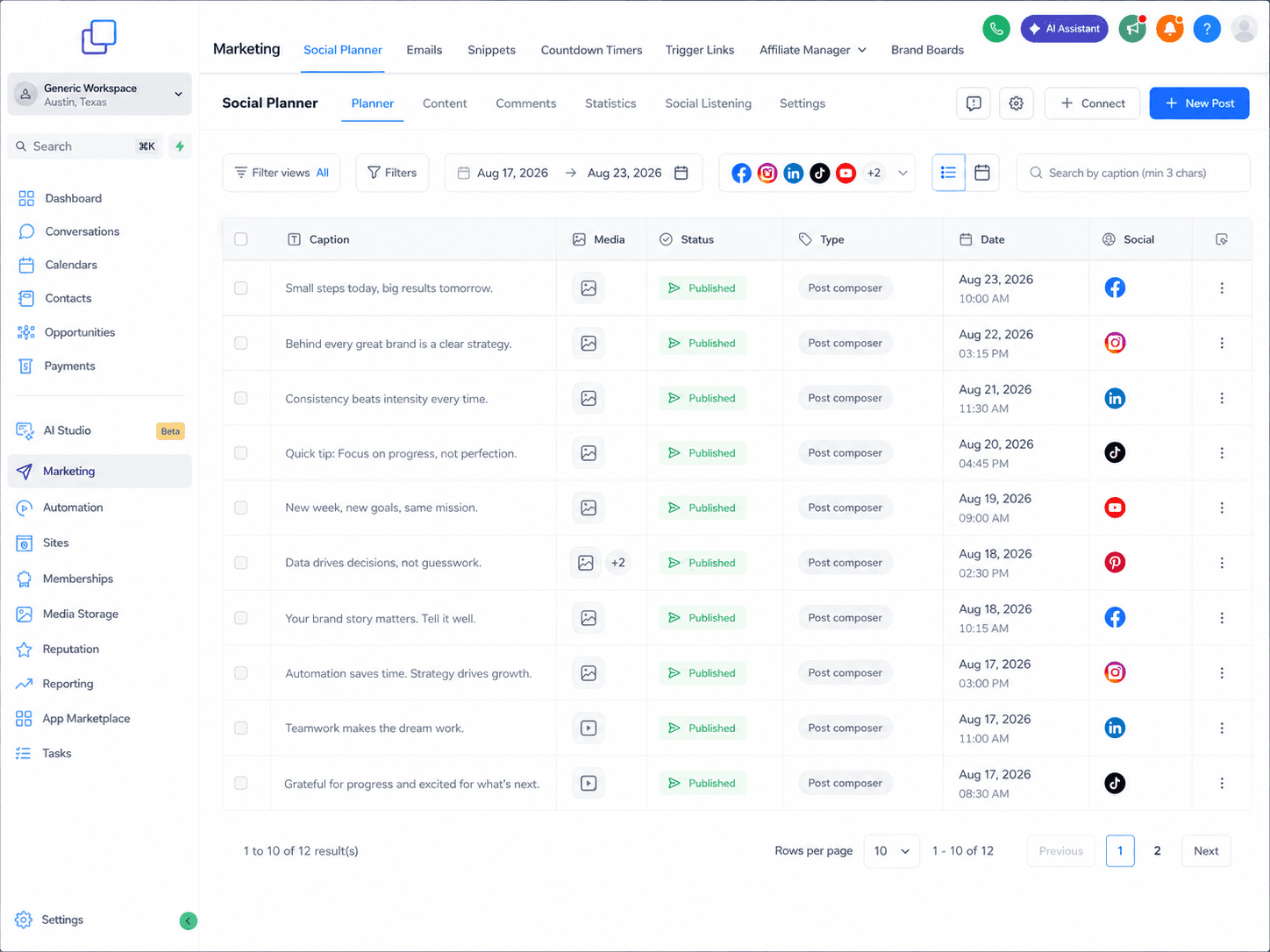 Social content planner showing scheduled and published posts across multiple platforms