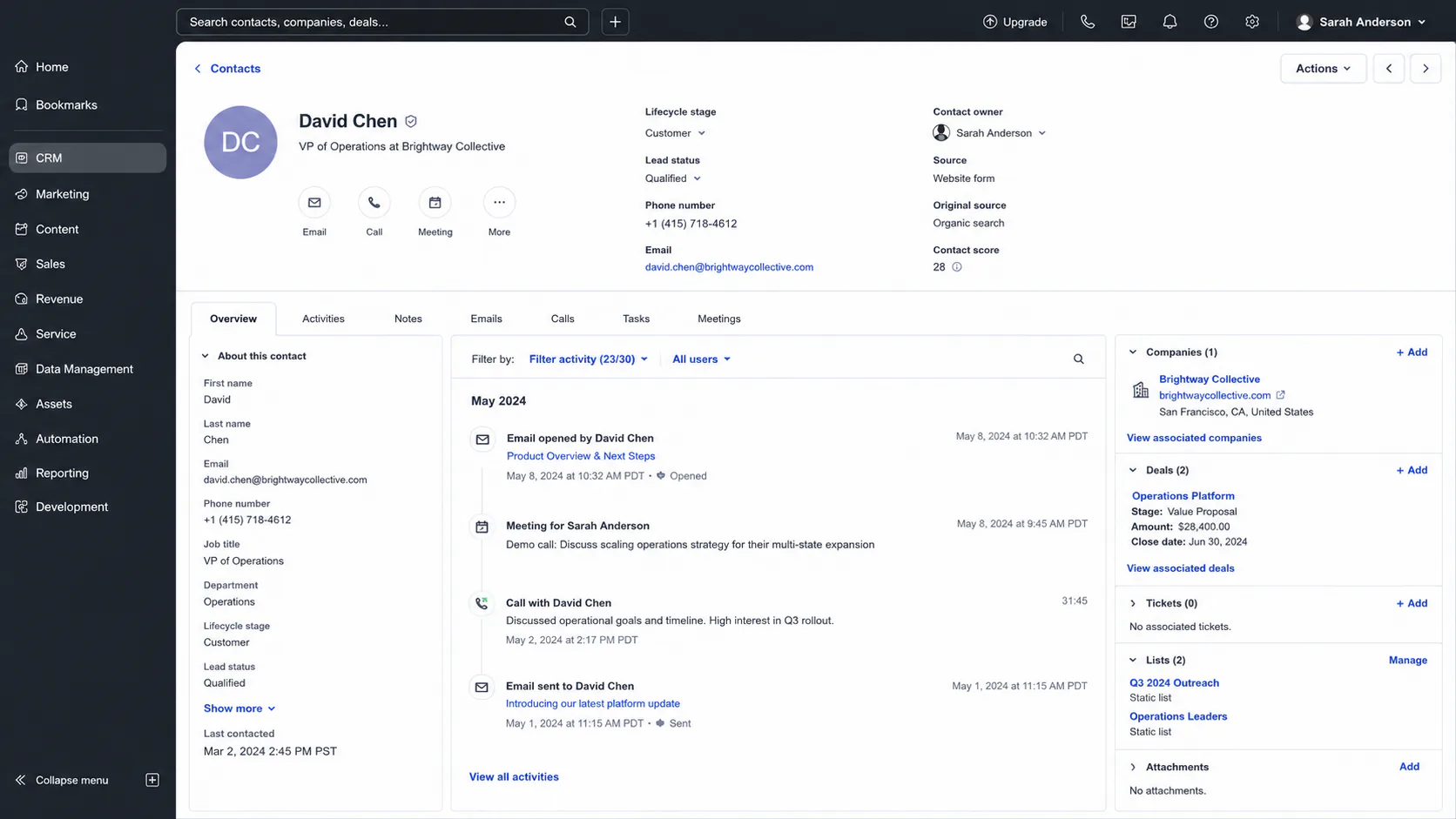 CRM contact record showing company lifecycle owner communication history and next-action context