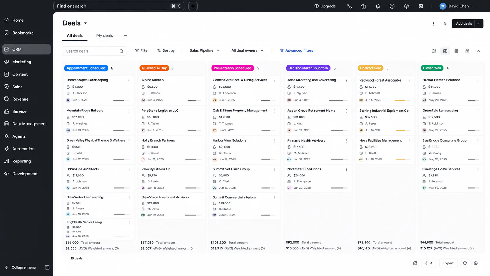CRM deals pipeline showing opportunity stages owners values and next actions