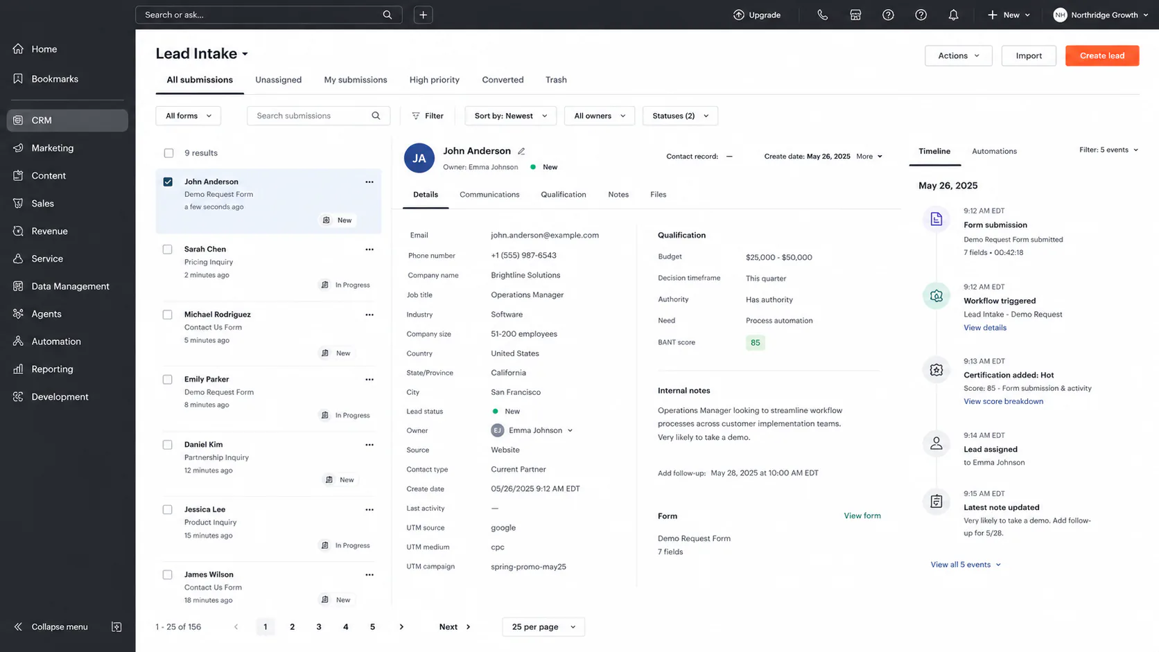 CRM lead intake automation turning a form submission into a qualified assigned record with follow-up context
