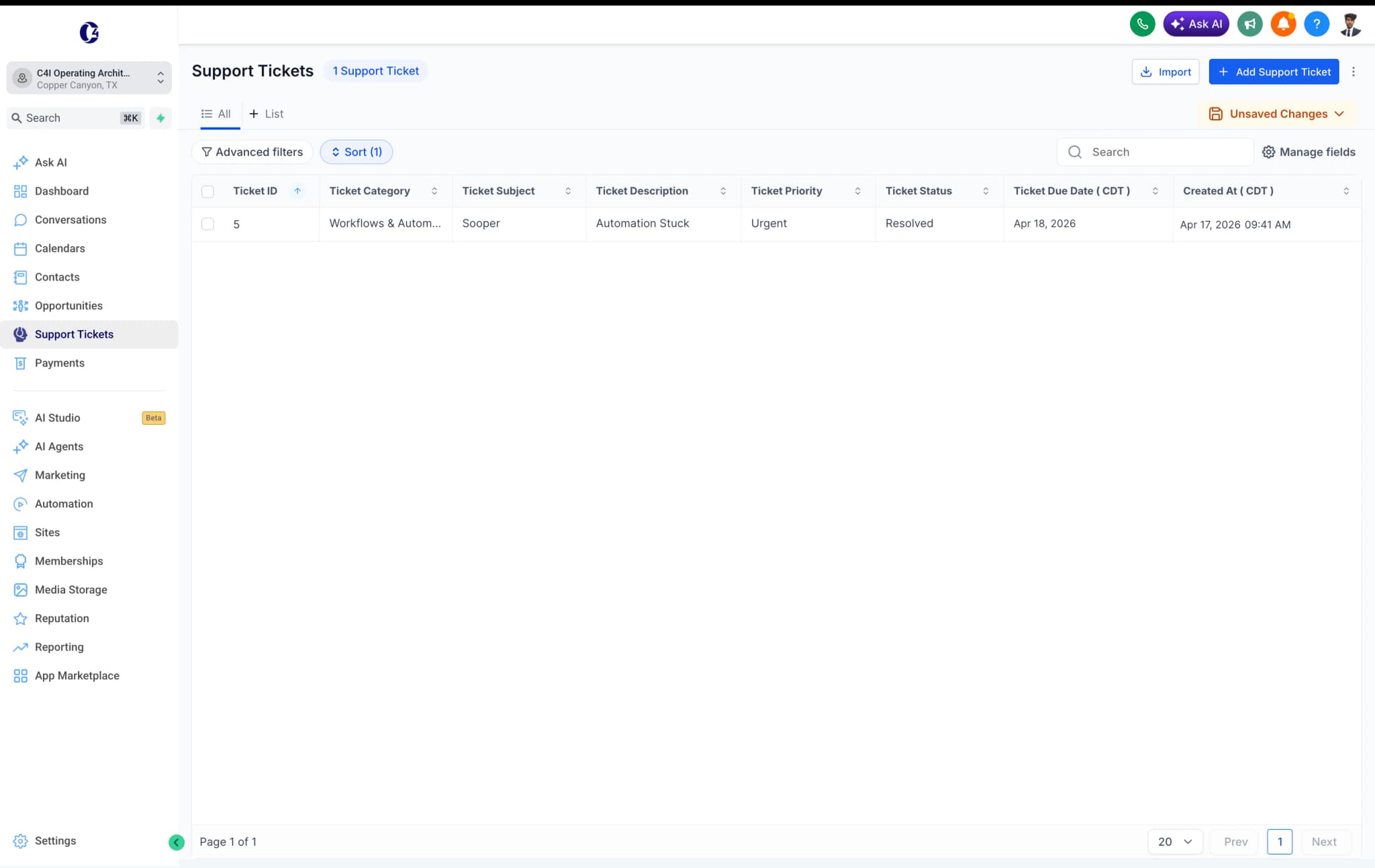 C4I support ticketing system inside GoHighLevel