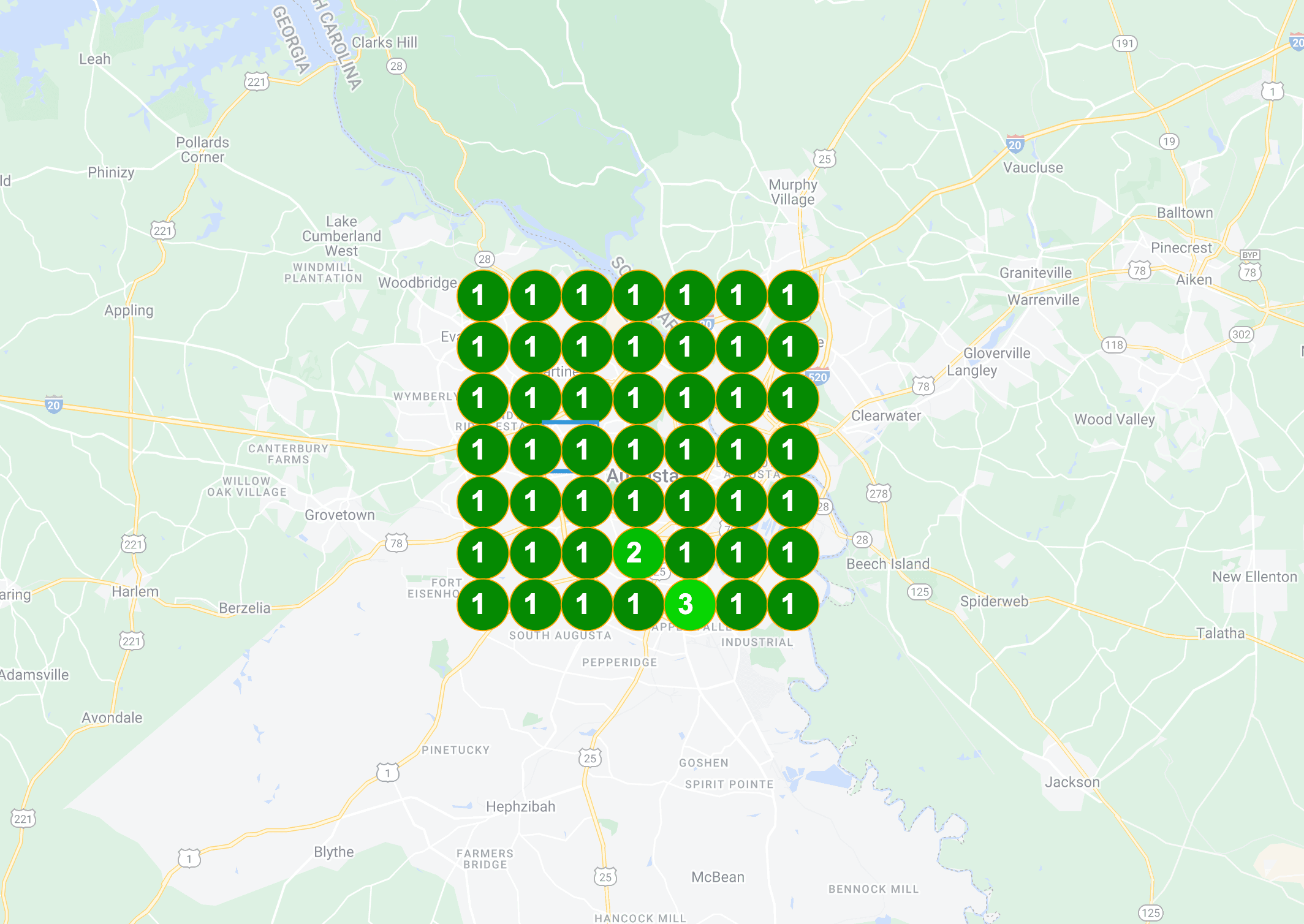 Local SEO ranking grid across Augusta Georgia showing mostly position one cells with isolated position two and three cells