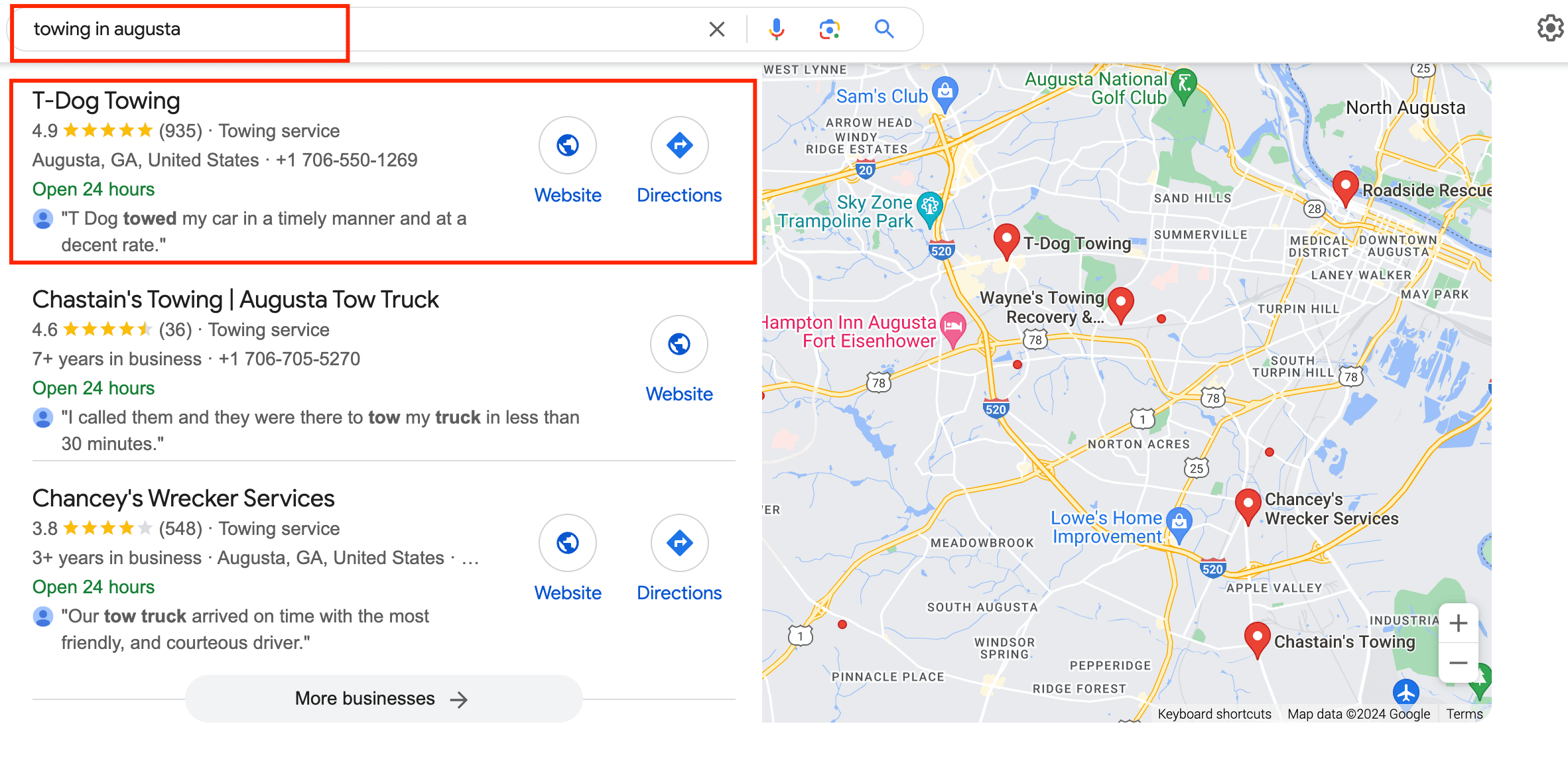 Google local search results for towing in Augusta showing T-Dog Towing first in the captured local results