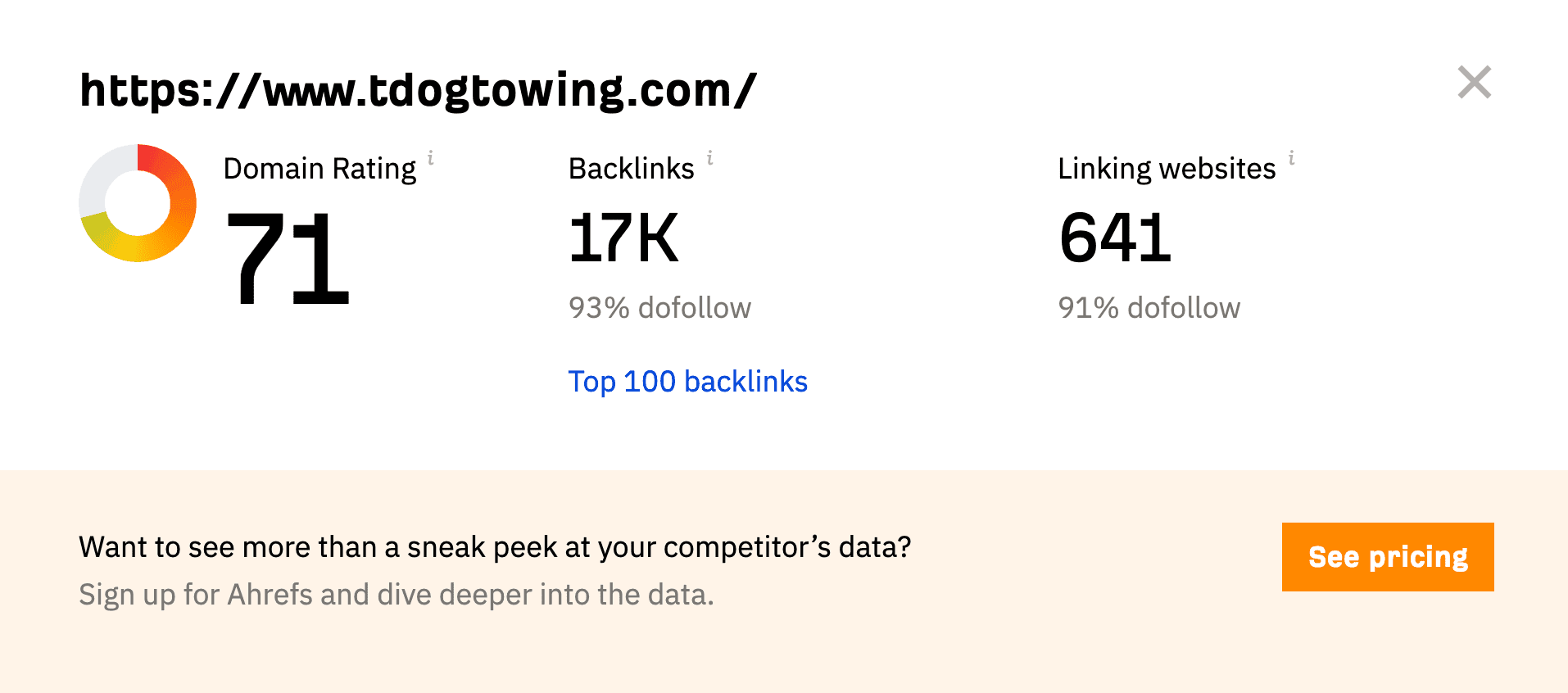 Archived Ahrefs domain snapshot showing domain rating backlinks and linking websites for the towing SEO project