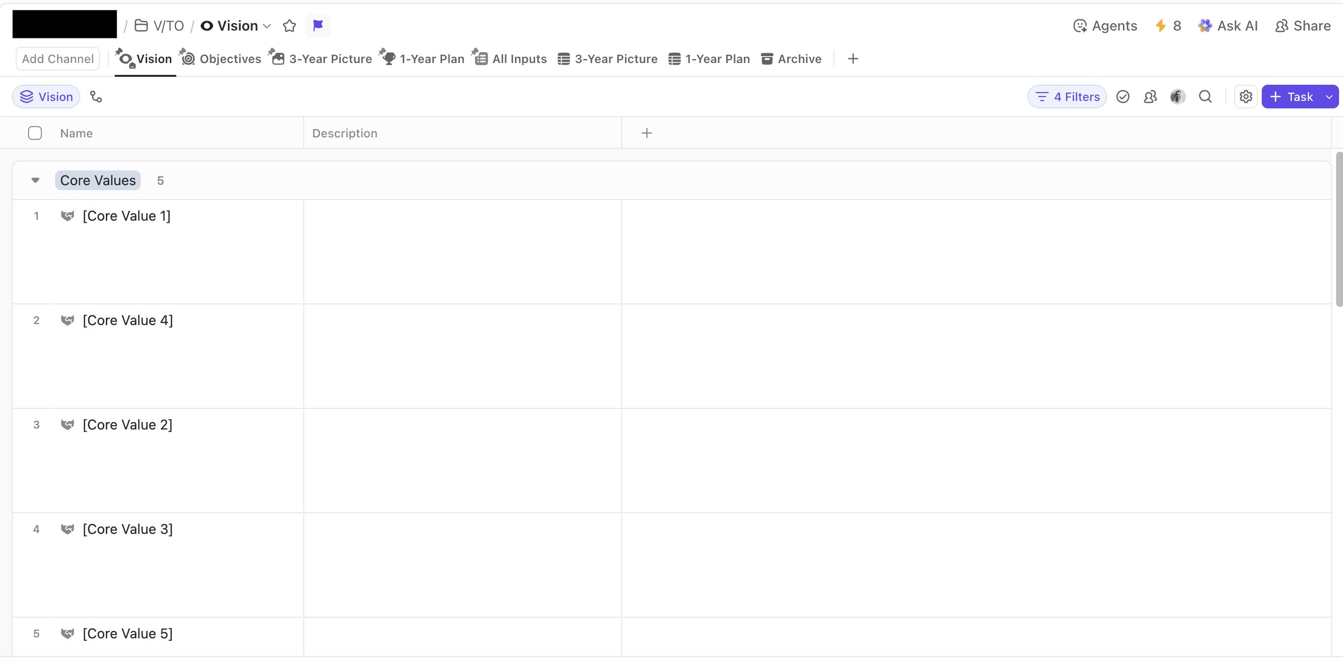 ClickUp vision area showing core values