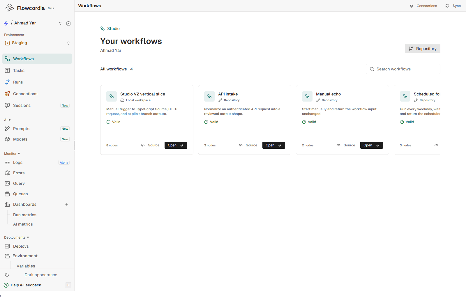 FlowCordia workflow library showing valid workflows with local and repository-backed sources