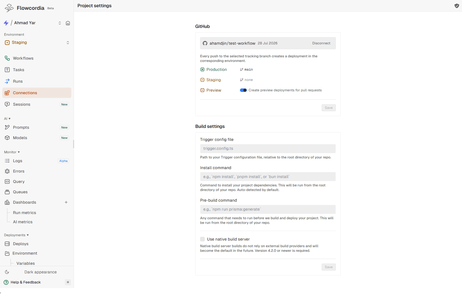 FlowCordia project settings showing a connected GitHub repository and environment tracking controls