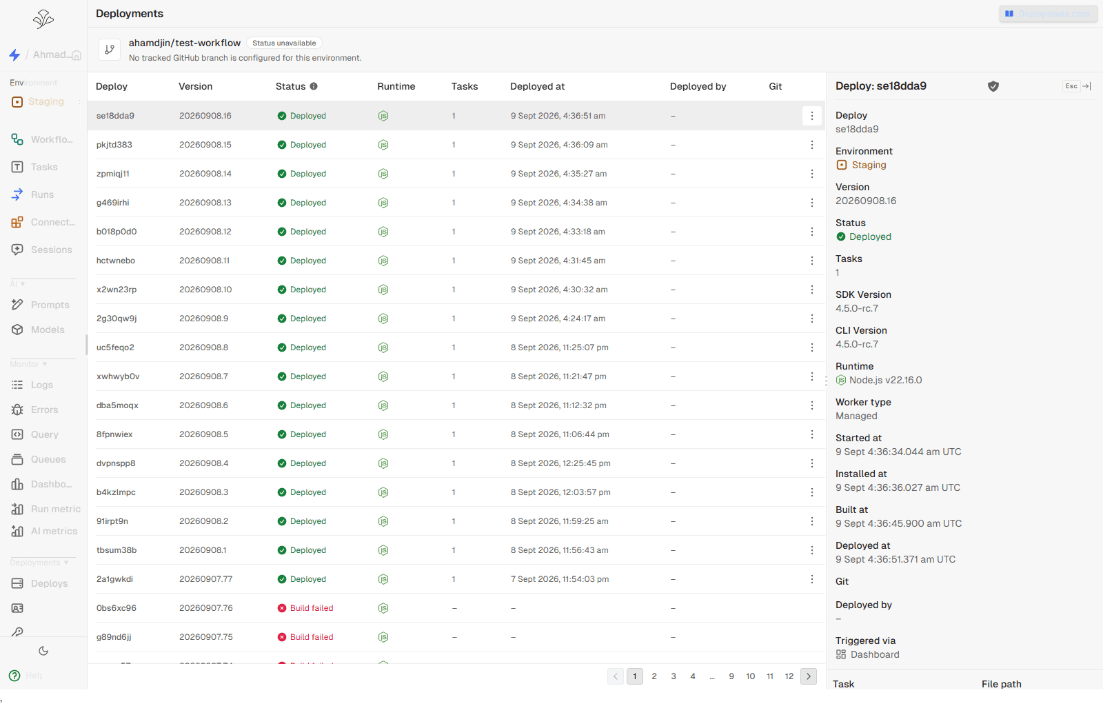 FlowCordia deployment history showing deployed versions and a deployment detail panel with runtime and version information