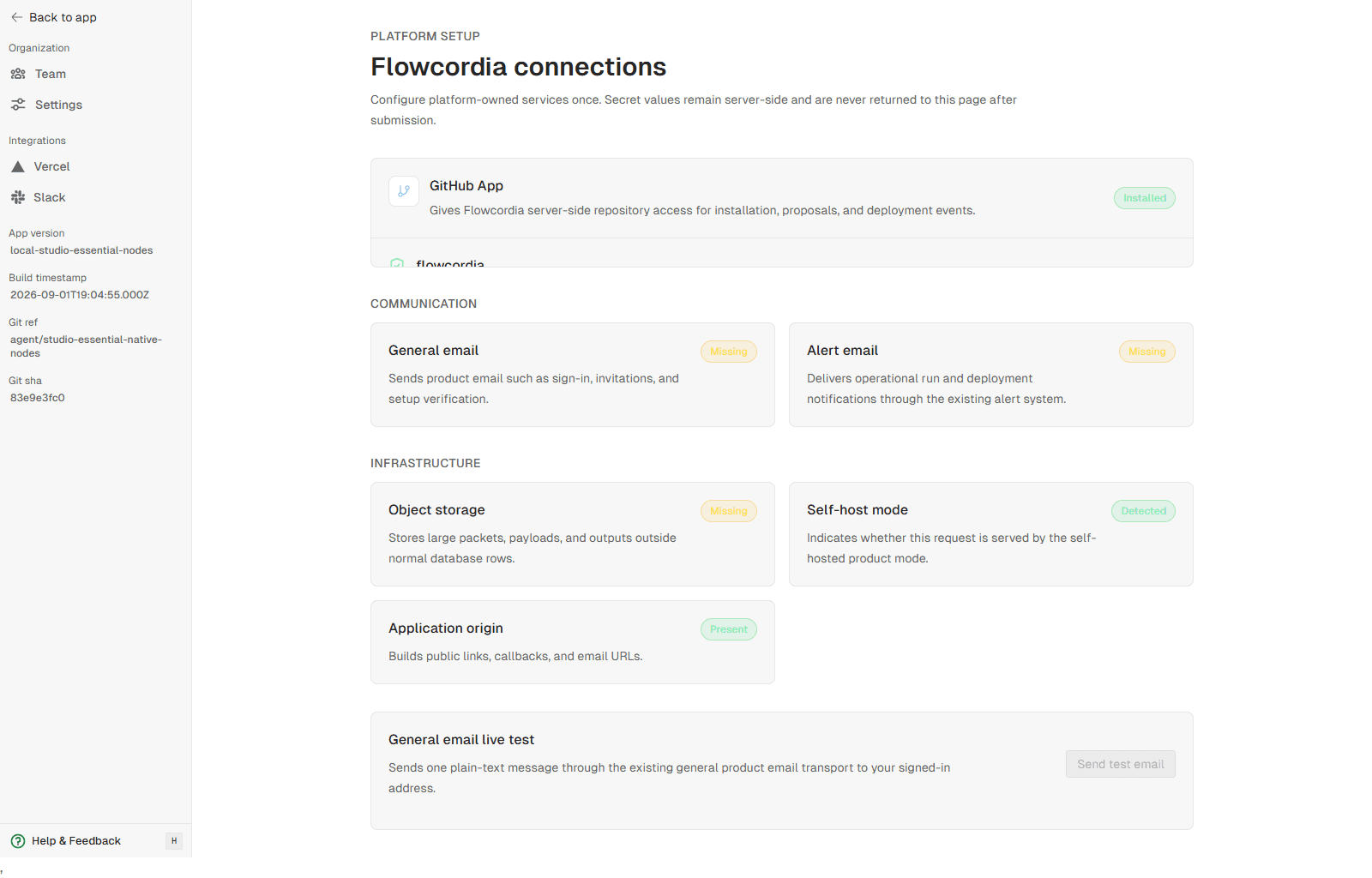 FlowCordia platform setup showing GitHub App status, communication services, object storage, self-host mode, and application origin