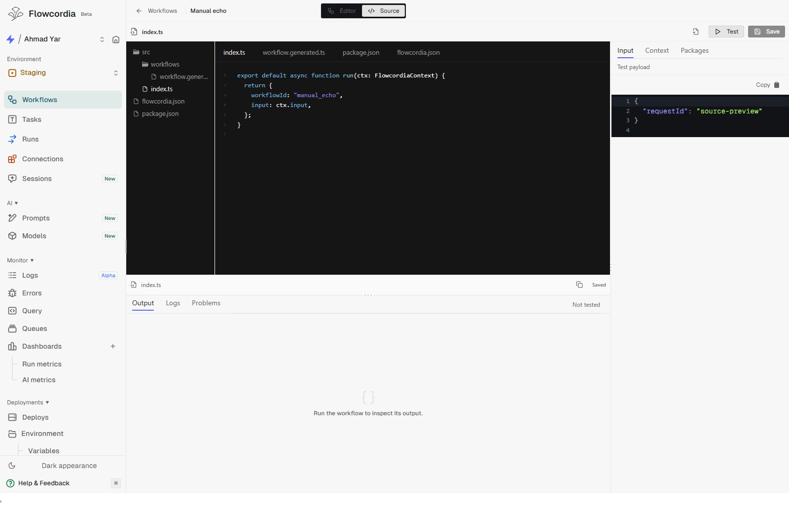 FlowCordia source editor showing TypeScript workflow source, project files, test input, and output panels