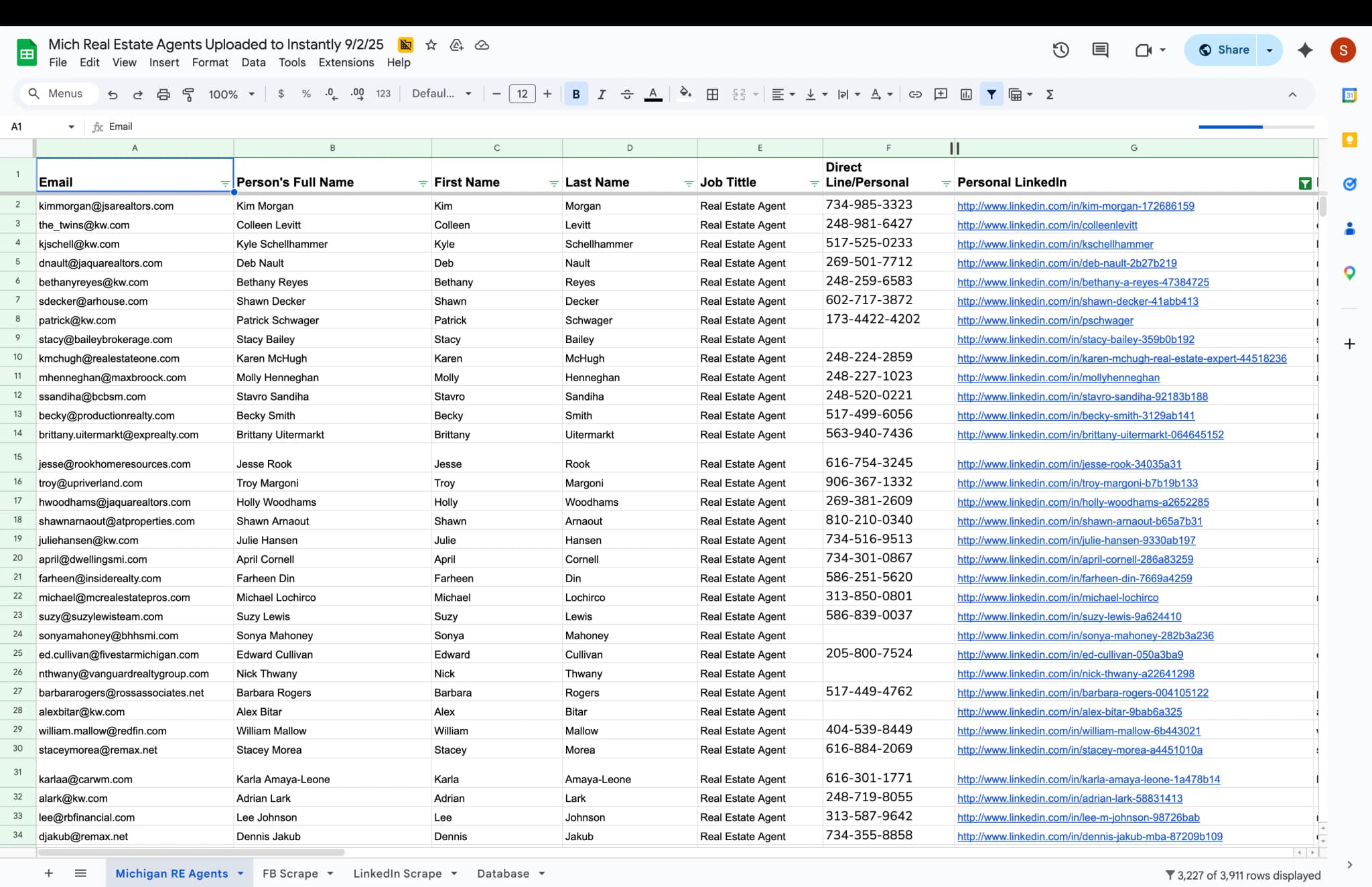 Google Sheets lead database used as the source list for enrichment