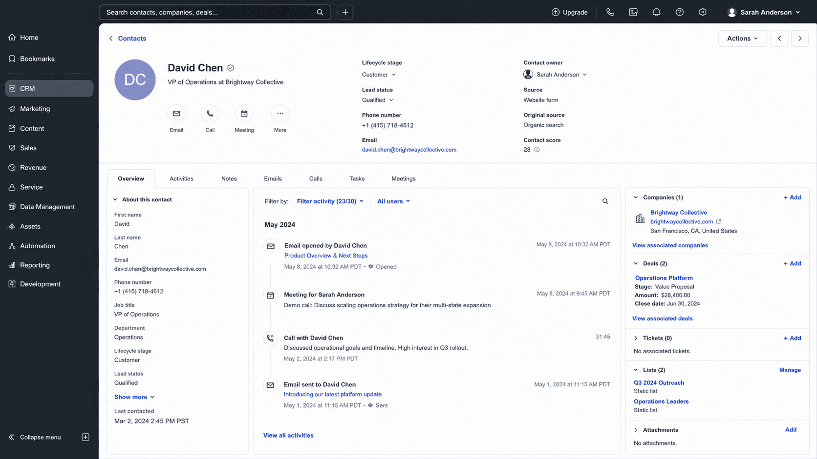 CRM contact record with customer company lifecycle owner communication and activity context