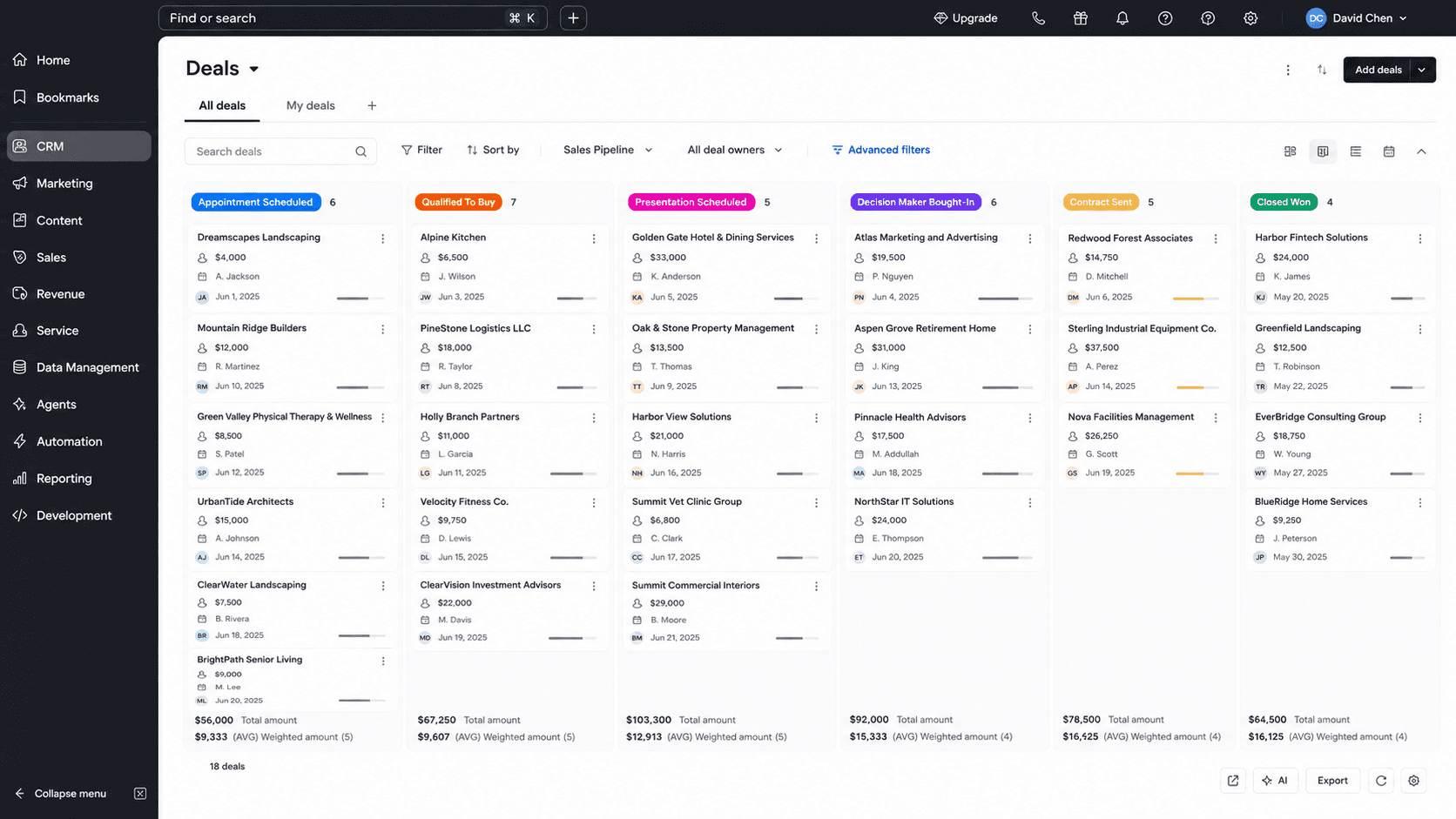 CRM deals pipeline showing opportunities stages owners values and next actions