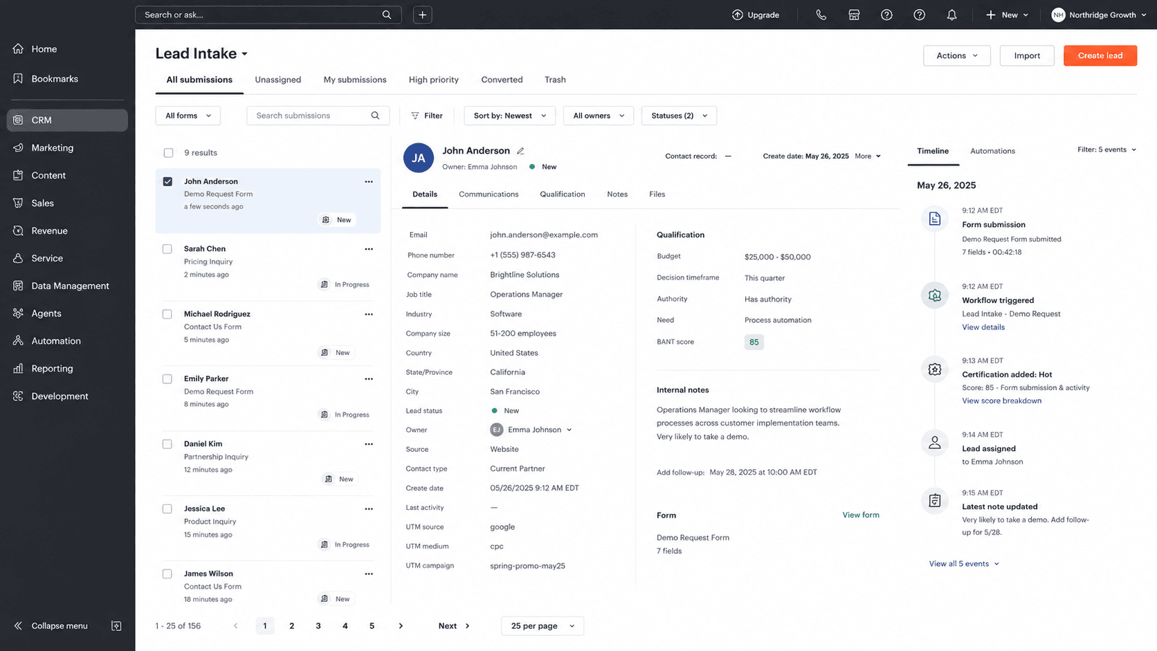 CRM lead intake workflow turning a form submission into a qualified assigned record with follow-up context
