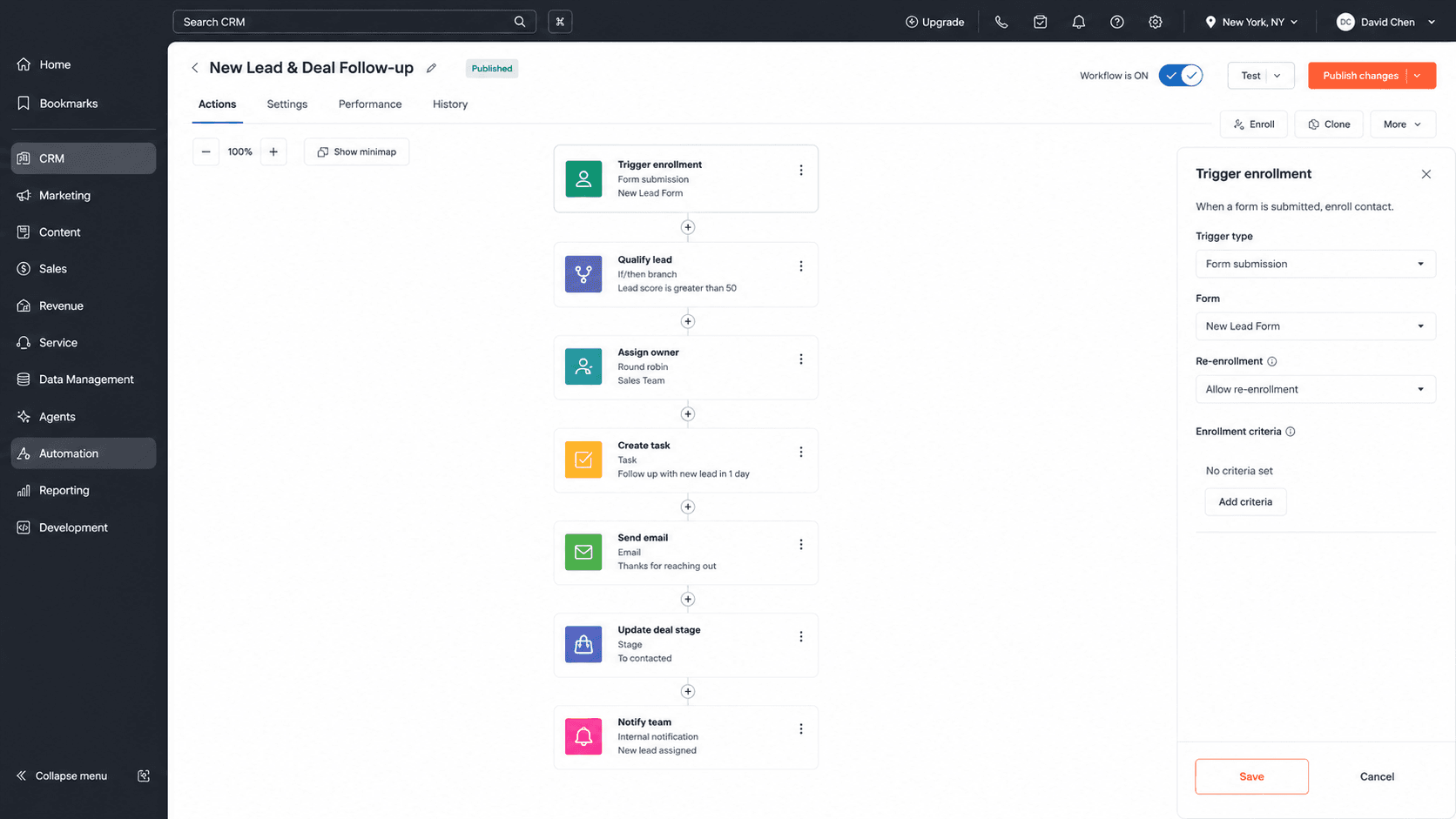 CRM workflow automation connecting qualification routing tasks follow-up and record updates