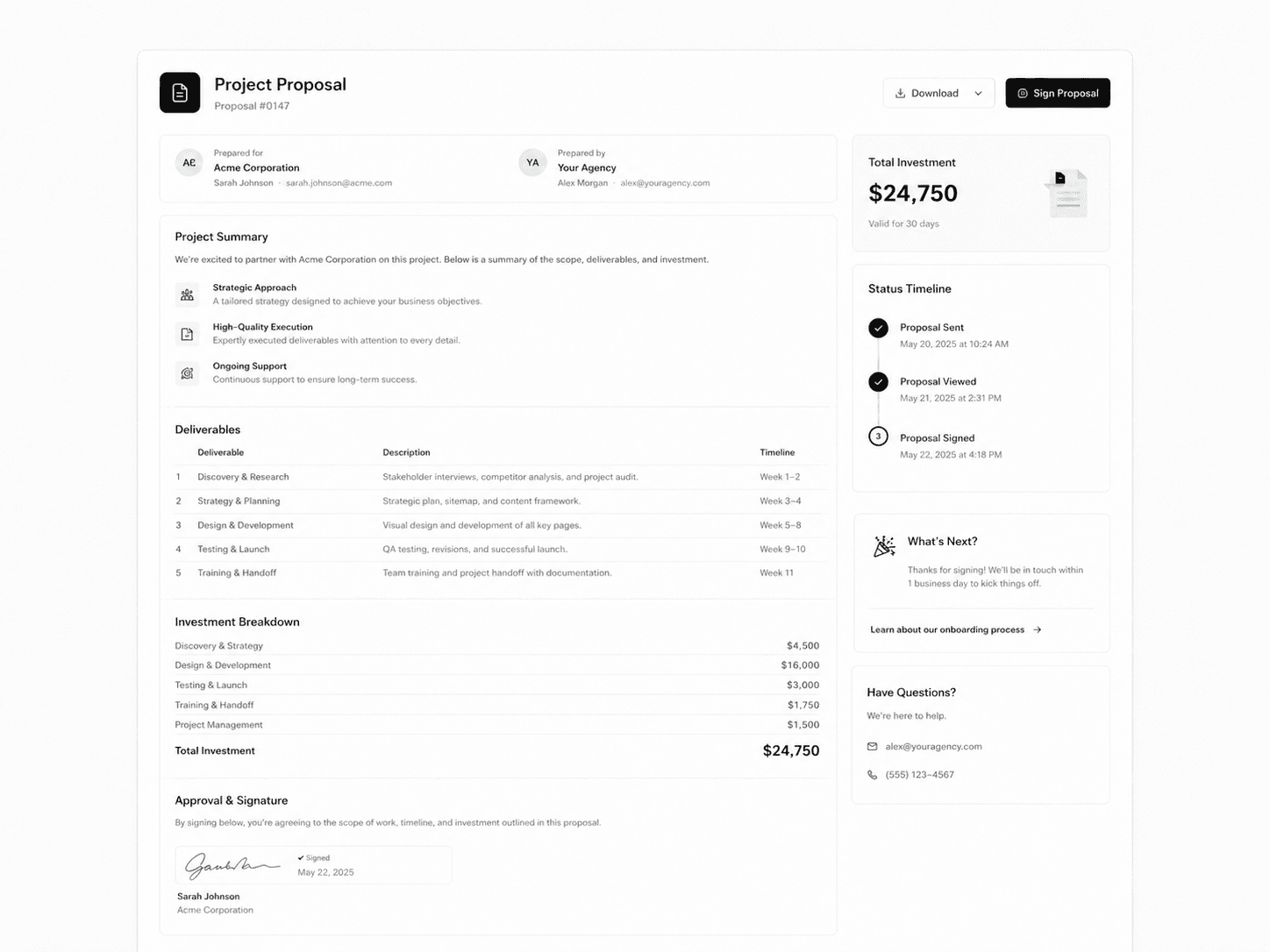 Minimal sales proposal with project scope pricing status timeline and digital signature