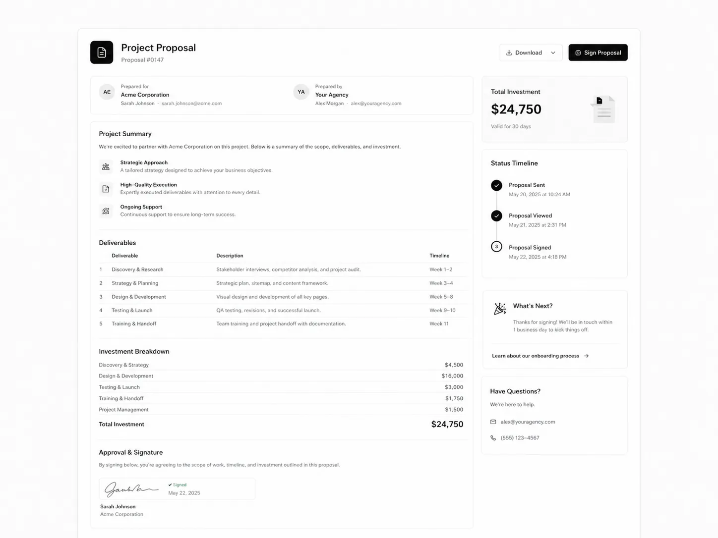 Sales proposal automation with project scope pricing approval timeline and digital signature