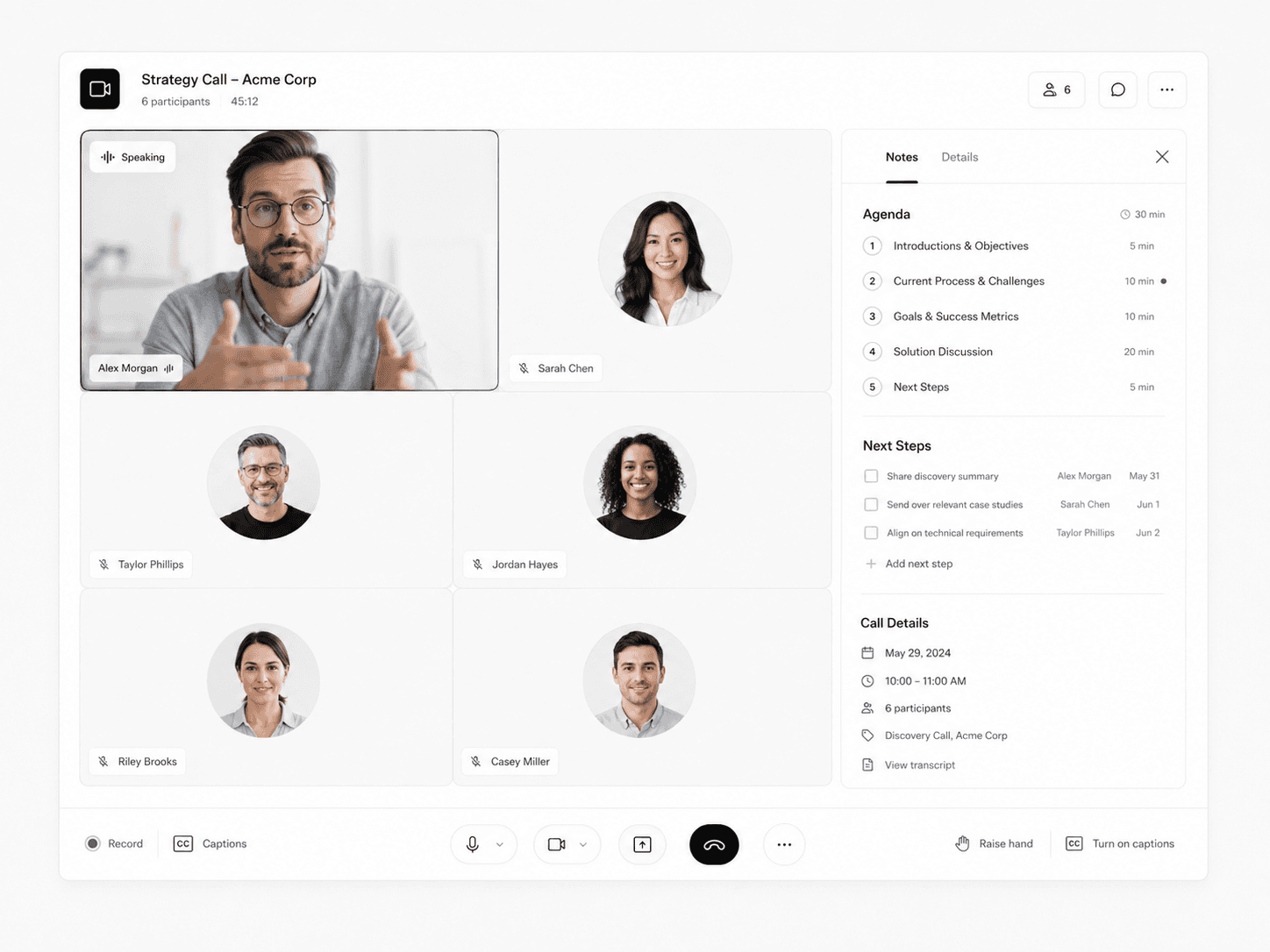 Video strategy call interface with participant context agenda notes and next steps