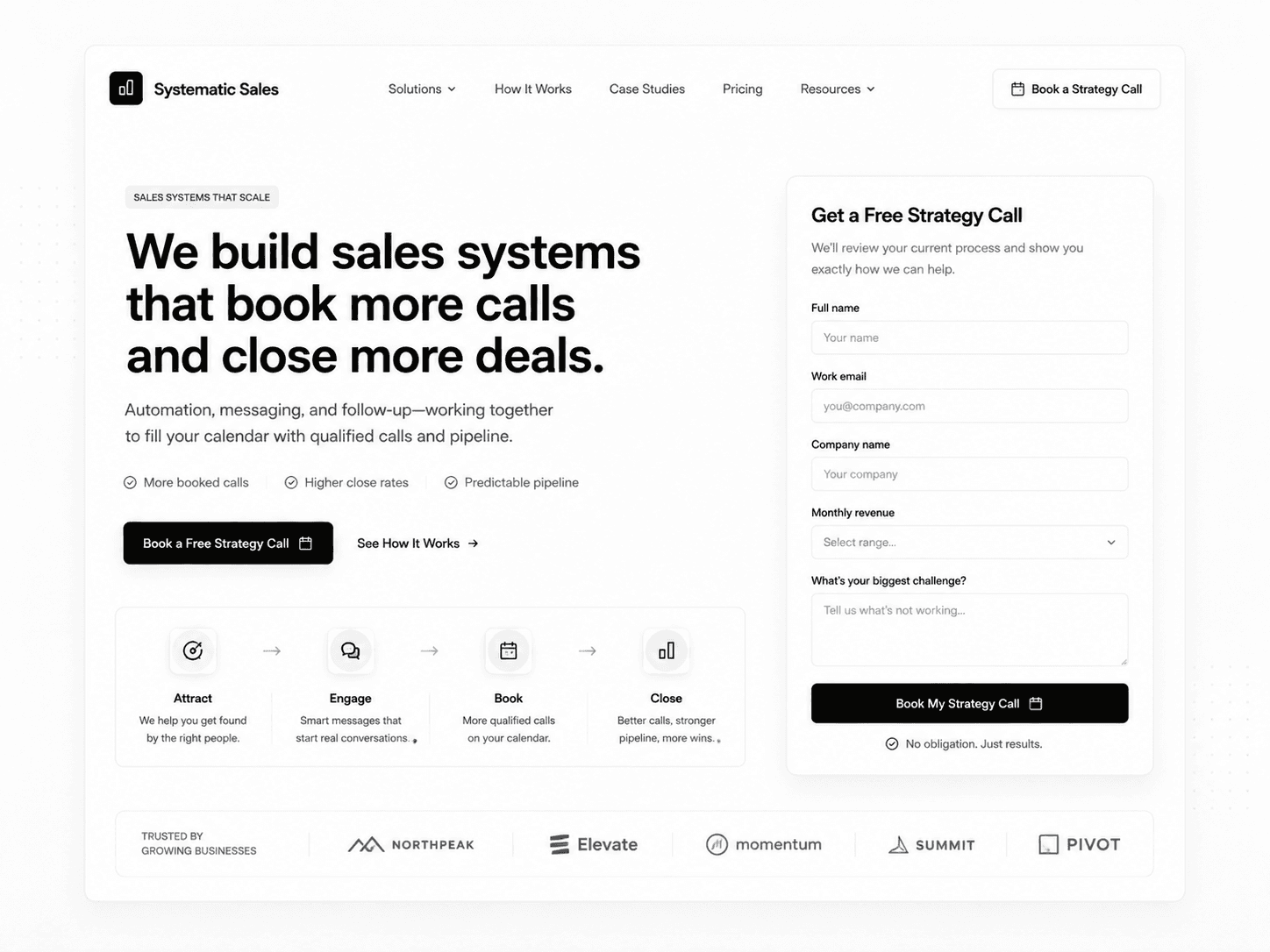 Minimal black and white sales website with strategy call form and lead capture flow