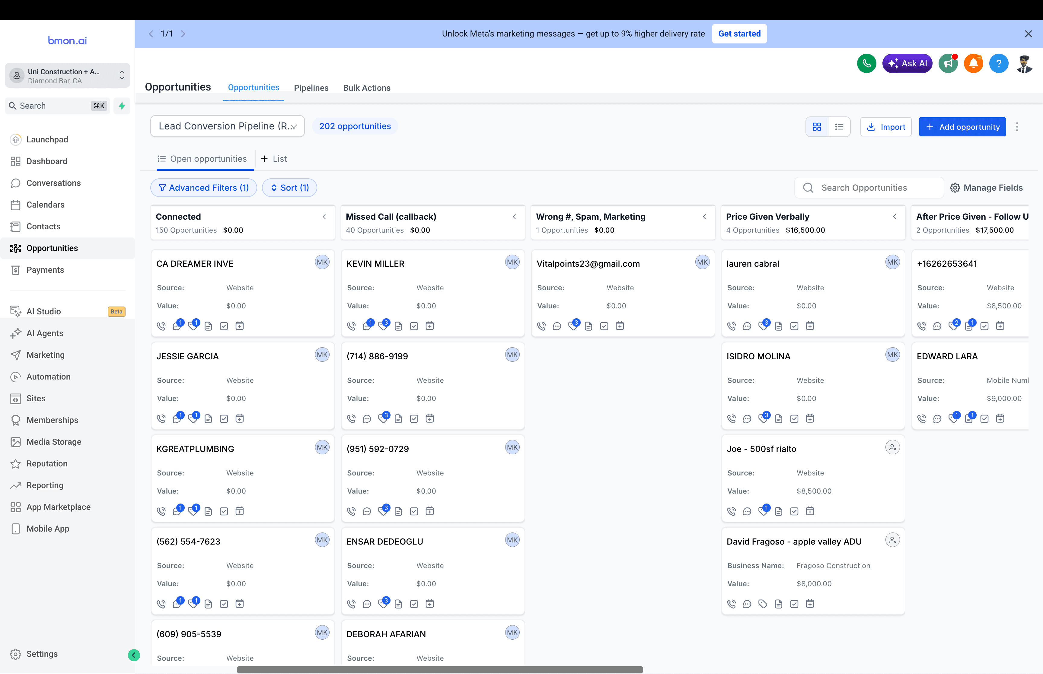 GoHighLevel opportunity pipeline showing website sourced leads