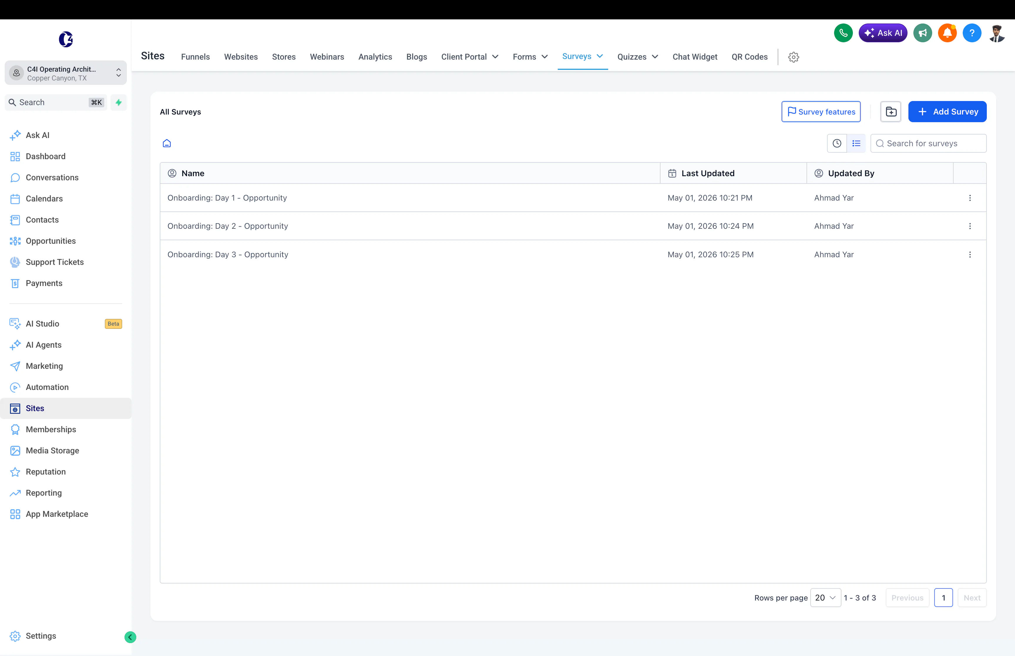 Structured GoHighLevel onboarding surveys used to collect client business and brand information